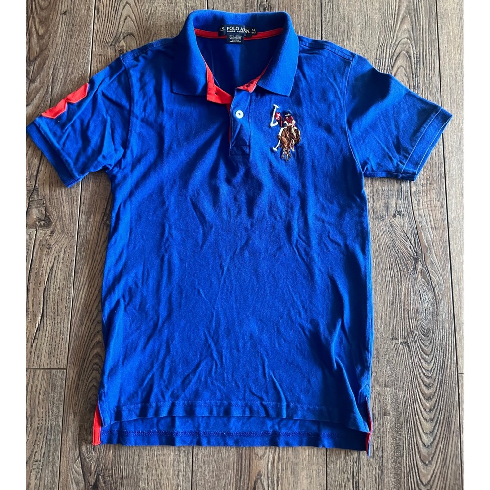 US Polo Assn Boys Blue Short Sleeve Polo Shirt Red Accents Big Logo Size M 10-12